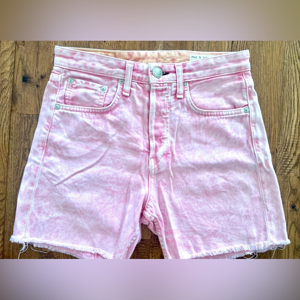 Rag &‎ Bone Maya High Rise Marbled Pink Midi Jean Shorts Size 24 H